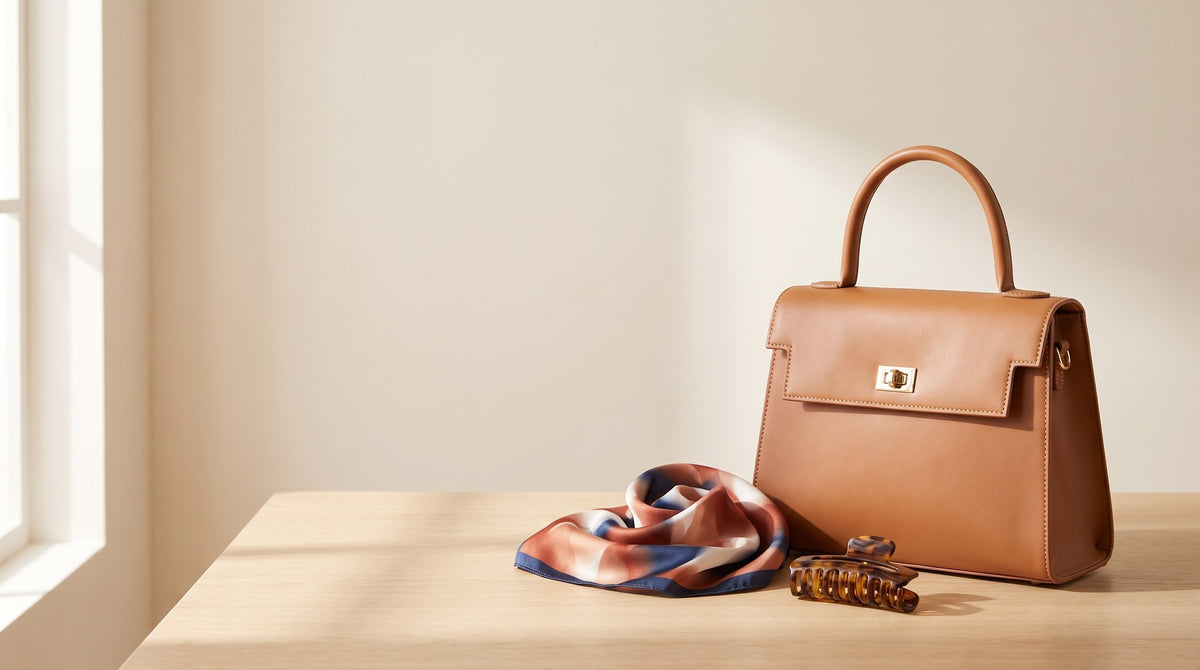 Tan structured top-handle bag, abstract print satin scarf and tortoiseshell claw clip on a pale oak table