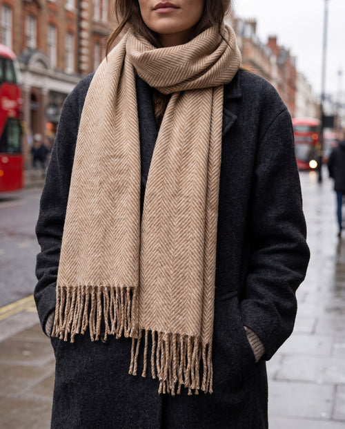 Woman in a charcoal coat wearing the camel herringbone scarf on a London street