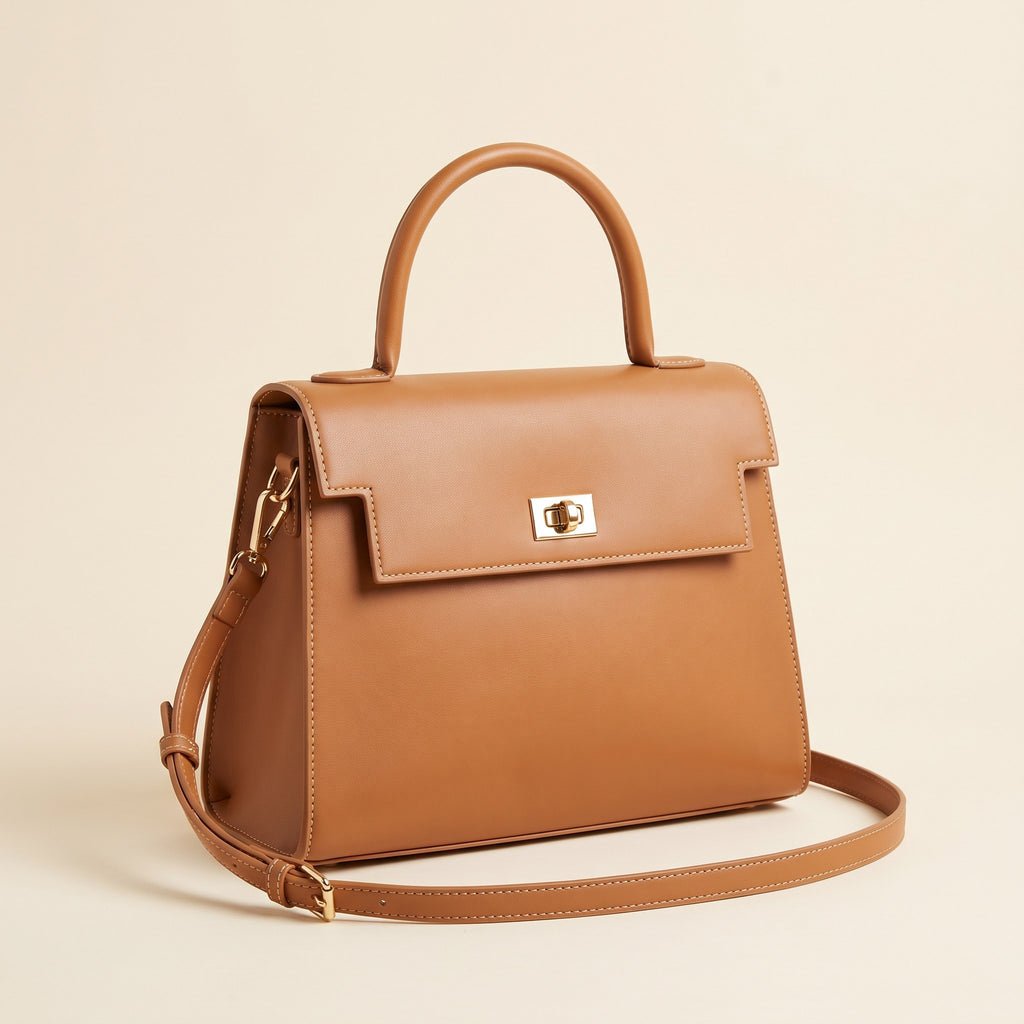Structured Top-Handle Bag in tan faux leather with gold-tone turn-lock and crossbody strap on an ivory background